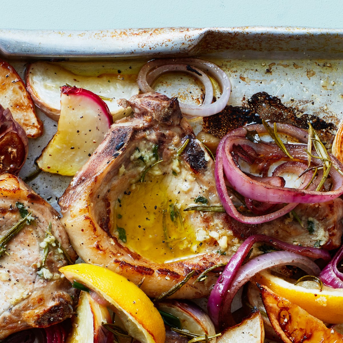 Thomasina Miers' recipe for pork chops with garlic roast turnips
