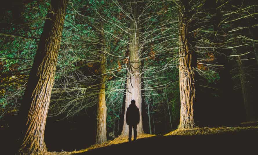 The silhouette of a man in a dark forest