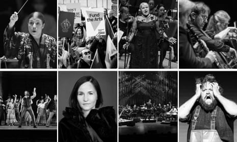 Top from left: Dalia Stasevska , Entertainment industry workers protest against arts funding cuts, Anu Komsi , London sinfonietta; Bottom:  Glyndebourne Touring Opera’s Marriage of Figaro, Anna Thorsvodottir, the Britten Sinfonia, and Allan Clayton as Peter Grimes.