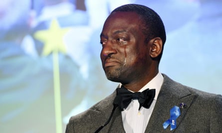 Yusef Salaam becomes emotional as he speaks in Los Angeles last year.