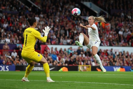 Beth Mead dinks the ball over Manuela Zinsberger to score the only goal of the game at Old Trafford.