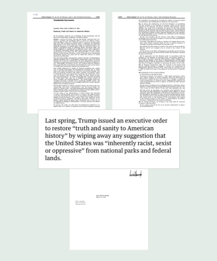 Screenshot of Trump’s executive order about restoring America’s history. Guardian Design