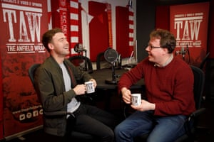 Craig Hannon (left), head of marketing and Neil Atkinson, the host of the Anfield Wrap podcast, in the audio recording studio of their office in the Waterfront area.