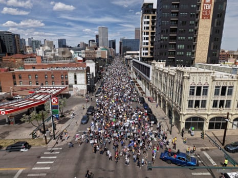 A drone view shows people attending a “No Kings” protest against U.S. President Donald Trump’s administration policies, in Denver, Colorado, U.S. March 28, 2026.