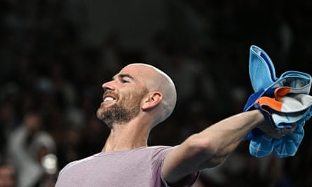 Adrian Mannarino celebrates after victory against Ben Shelton