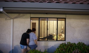 Cheyenne Pipkin (left) with her mother Loraine Franks visits her grandfather Jerry Hogan, a Vietnam veteran, at Lindsey Gardens in California.