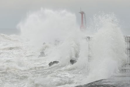 Waves hit the coast in Kaohsiung as Typhoon Krathon approaches on Tuesday.