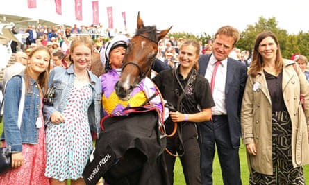 Frankie Dettori (centre) kisses Kinross winning The World Pool Lennox Stakes at Glorious Goodwood.