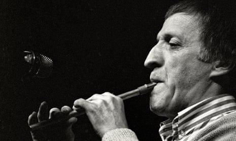 Paddy Moloney playing the tin whistle with the Chieftains in Cheyenne, Wyoming, in 1988.