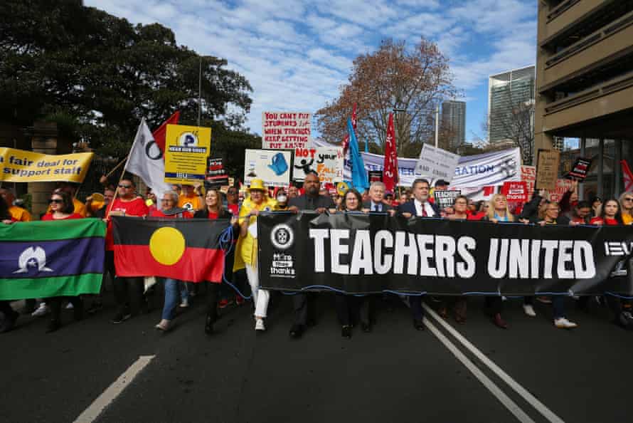 Teachers and supporters rally along Macquarie Street on 30 June, 2022 in Sydney, Australia.