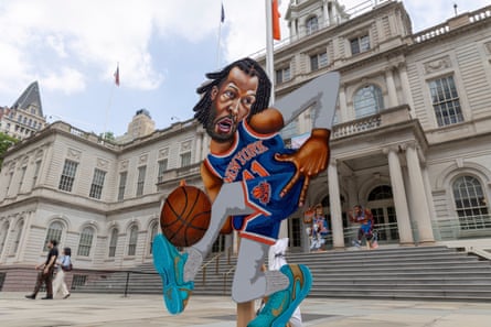 Cutout cartoon-style portrait of Brunson, dribbling a basketball, outside City Hall
