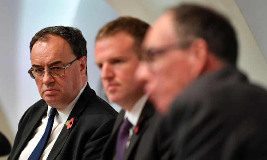 The Bank of England governor, Andrew Bailey, left, with other members of the Bank on Thursday