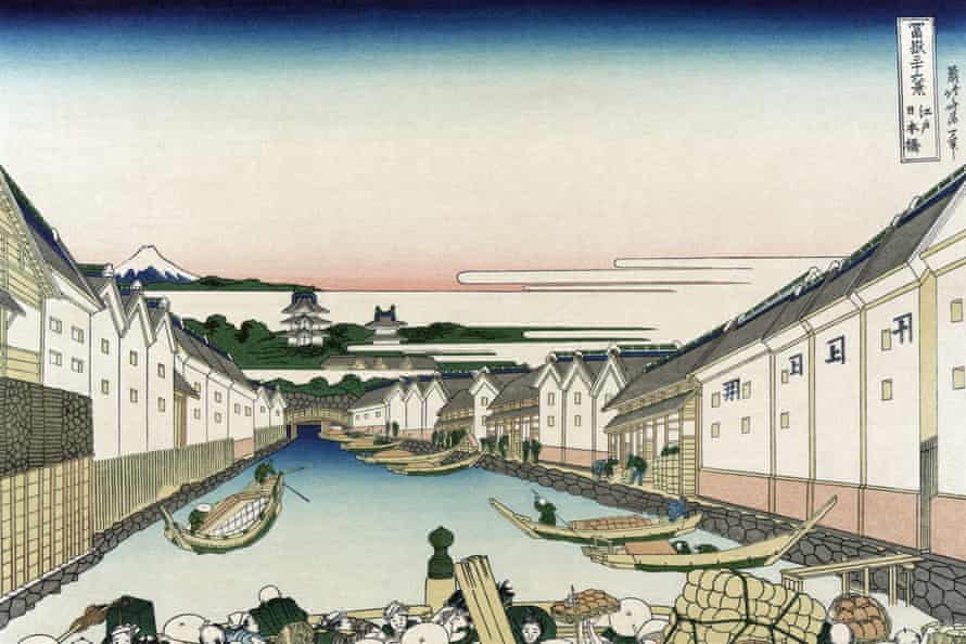 An ukiyo-e print from c 1830 showing boats on a canal. The perspective is from Nihonbashi bridge.