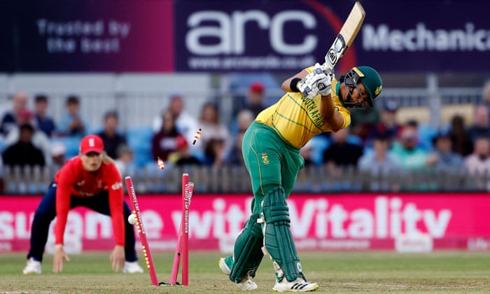 South Africa’s Lara Goodall is bowled out by England’s Issy Wong.