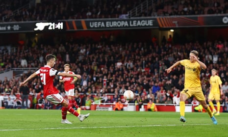 Arsenal’s Fabio Vieira fires in their third goal.
