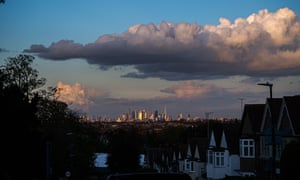 The London city skyline and financial district seen from Wimbledon.
