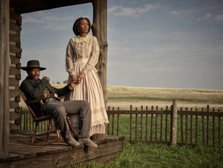 David Oyelewo as Bass Reeves and Lauren Banks as Jennie Reeves in Lawmen: Bass Reeves.