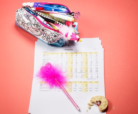 Pencil case, spreadsheet and biscuit against peach background