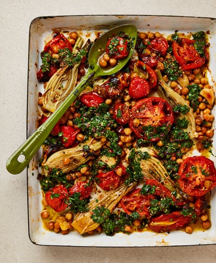 Yotam Ottolenghi’s roasted fennel and tomatoes with chickpeas and black olives.