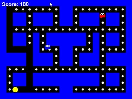 A blue background with black lines and white dots and a yellow circle small square creatures with eyes, in a clone of a Pac-Man.