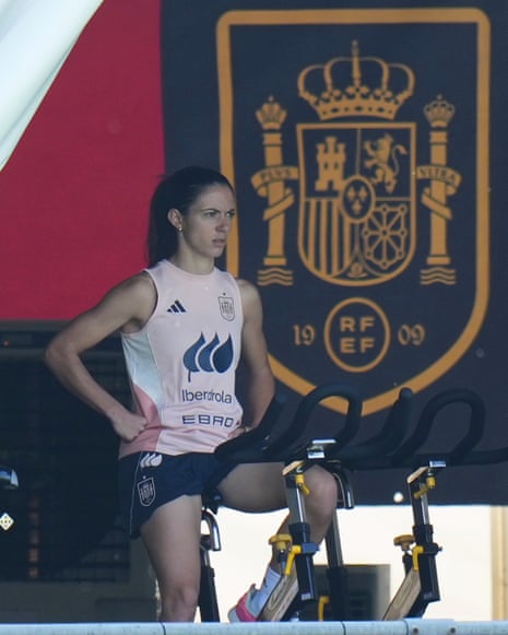 Aitana Bonmati works out on a static bicycle the day after she joined her teammates at Spain's base camp, during the Euro 2025, in Lausanne, Switzerland