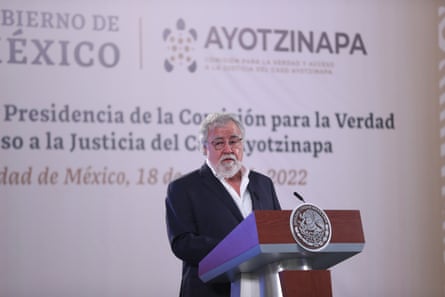 Alejandro Encinas, the deputy interior minister who chaired the truth commission, speaks at a press conference addressing the Ayotzinapa case at the National Palace in Mexico City last month.
