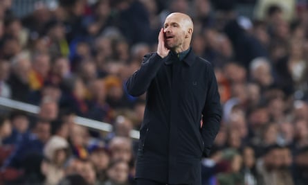 The Manchester United manager, Erik ten Hag, on the sidelines at the Camp Nou.
