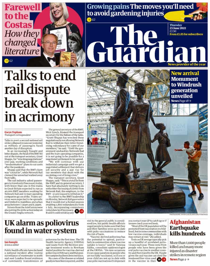 Guardian front page, 23 June 2022