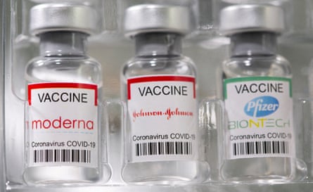 Moderna, Johnson & Johnson and Pfizer vials of Covid-19 vaccine.