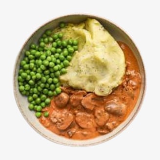 Simply Cook Mushroom Stoganoff served with mash and peas