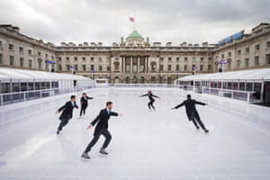 London, England<br>Skaters in tailcoats at the launch of Skate at Somerset House with Fortnum &amp; Mason