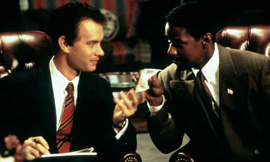 Tom Hanks, left, and Denzel Washington in Philadelphia, 1993, directed by Jonathan Demme.