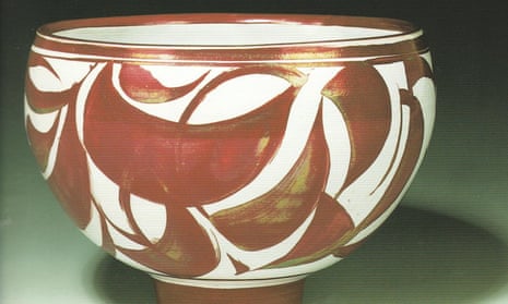 A deep bowl with foot and red lustre, 2001, by Alan Caiger-Smith