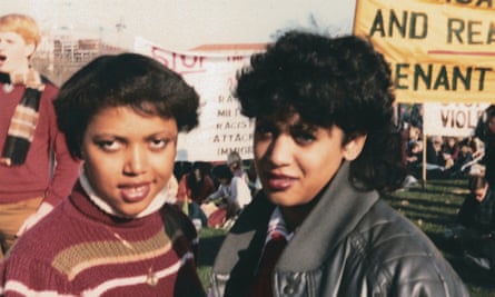 This November 1982 photo provided by the Kamala Harris campaign shows her, right, with Gwen Whitfield at an anti-apartheid protest during her freshman year at Howard University in Washington. (Kamala Harris campaign via AP)