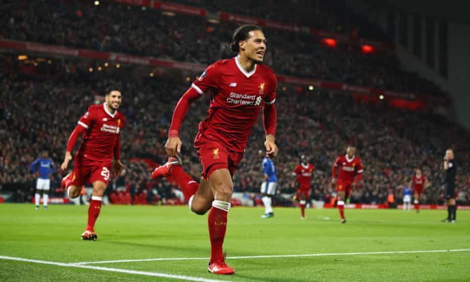 Virgil van Dijk celebrates after scoring Liverpool’s winner in the Cup tie against Everton at Anfield on his debut.