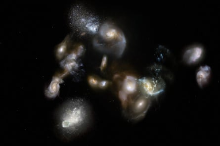 This artist’s impression shows a group of interacting and merging galaxies in the early universe. Such mergers have been spotted using the Alma and Apex telescopes and represent the formation of galaxies clusters, the most massive objects in the modern universe.