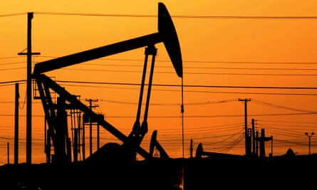 Pump jacks in an oilfield over the Monterey shale formation, near Lost Hills in California.