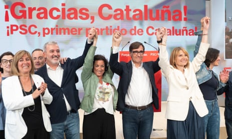 Socialist Party of Catalonia (PSC) candidate and former Spanish Health Minister Salvador Illa celebrates his victory after winning the Catalan elections at the PSC headquarters in Barcelona.