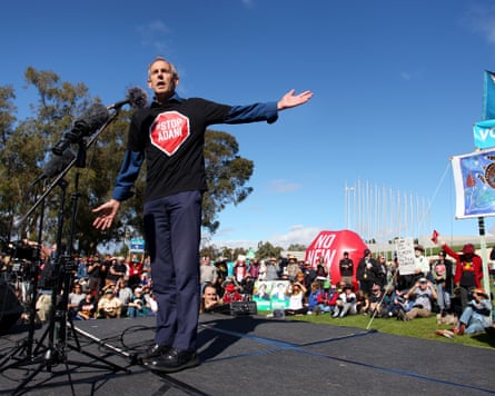 Bob Brown speaks during a stop-Adani rally outside Parliament House on May 05, 2019 in Canberra.