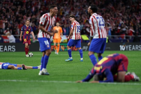 Atletico Madrid's Julian Alvarez (centre) and teammates celebrate making it through to the semi-finals.