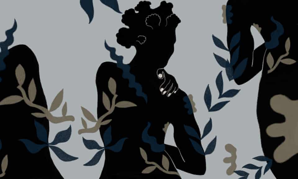 illustration: dark silhouettes with leaf motifs floating in foreground