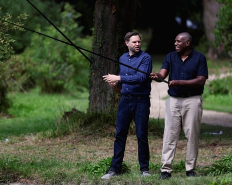 Foreign secretary David Lammy, right, and US vice-president JD Vance fish in a lake in the grounds of Chevening House last week on 8 August.