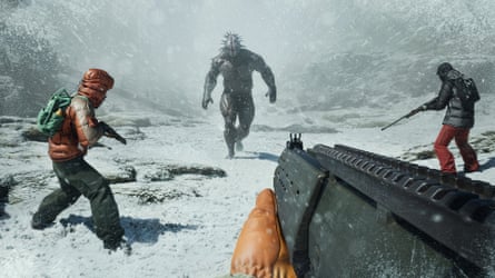 From the player’s POV, a gun is pointed at an oncoming enemy. Two other players are seen at either side.