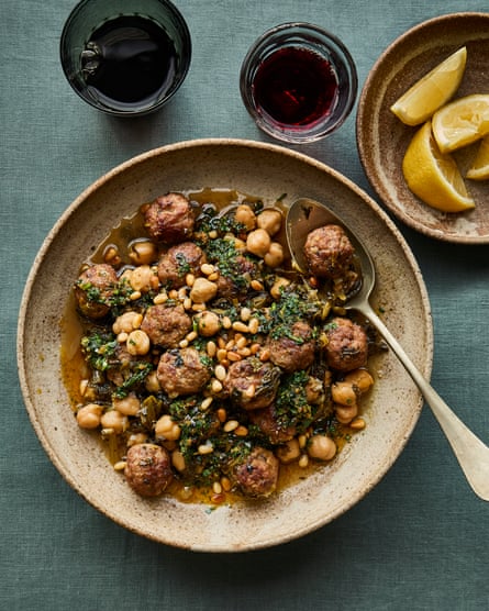 Sami Tamimi’s lamb meatballs, spinach and chickpea stew (Sabanekh).