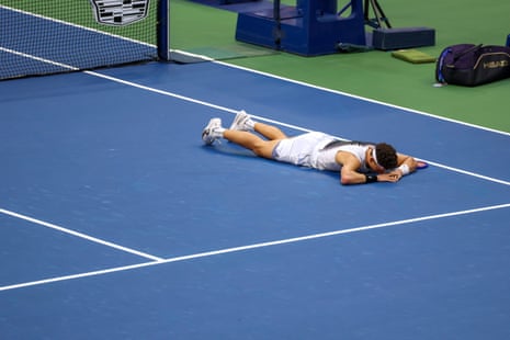 Ben Shelton sprawled out on the court during his menâÂÂs singles final defeat against Alexander Zverev