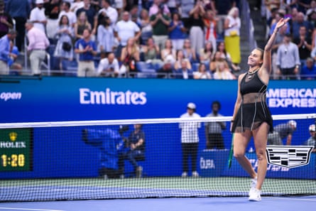 Aryna Sabalenka waves to the crowd after her US Open semi-final at Flushing Meadows on Thursday.