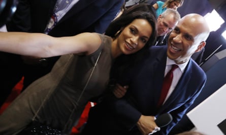 Rosario Dawson with Cory Booker after the Democratic presidential debate in Westerville, Ohio, in October.