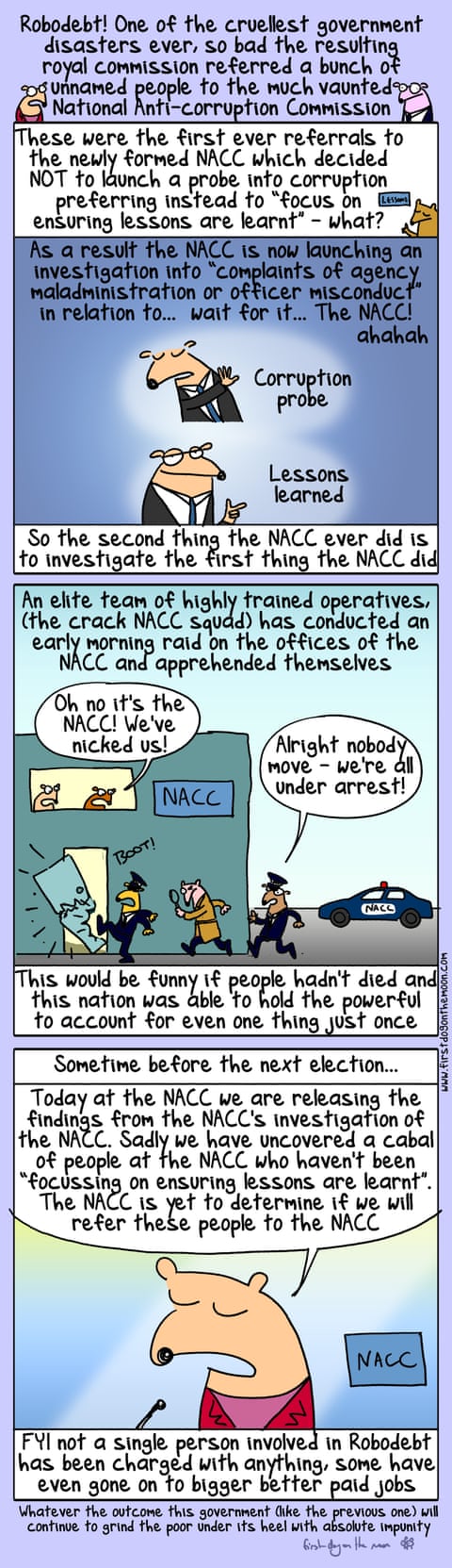 Cartoon by First Dog on the Moon titled Nacc Investigates Nacc, panel 1