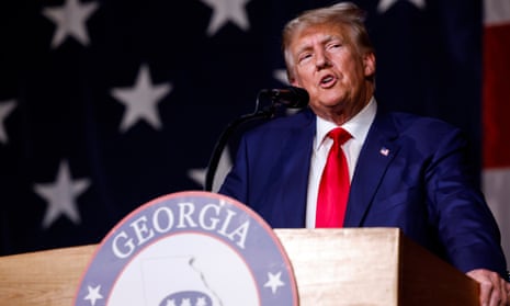 Donald Trump delivers remarks during the Georgia state Republican convention in Columbus, Georgia.