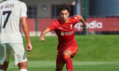 Kaide Gordon in action for Liverpool in a Uefa Youth League game against Milan last week.